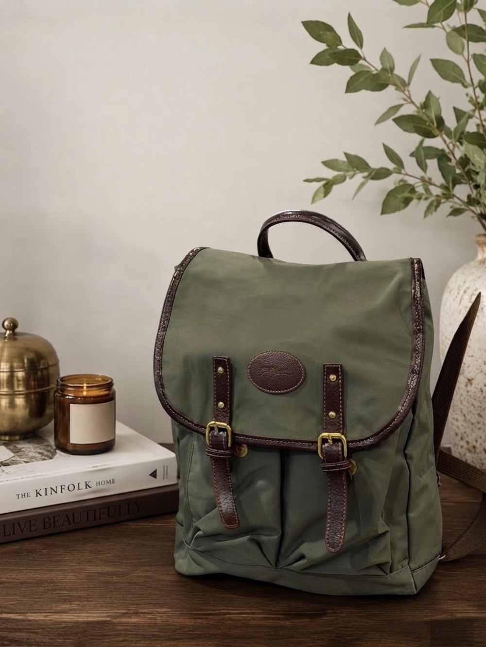 Vintage Longchamp Paris Olive Green Nylon & Leather Flap Unisex Backpack